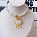 Parelhalsband voor huisdieren in Chinese vintage stijl met geluksslotje en jade accent - Witte Geluk Vredesslot / XS