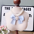 Cute pet pearl necklace with light blue silk bow and heart charm for small dogs - XS / Ice Blue Bow