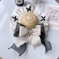 Lolita straw hat for pets with black ribbons, lace edges, and heart pearl detail - S / Black