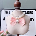 Sweet pet pearl necklace with pink silk bow and sparkling rhinestone heart charm - XS / New Pink Bow