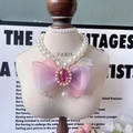Sweet pink organza bow pet necklace with white pearls and a central gem ornament - Purple Bowknot