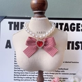 Sweet pet pearl necklace with a red heart rhinestone pendant and red plaid bow tie - Red Plaid Bow
