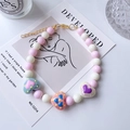 Pink and white beaded pet necklace with hand-painted heart charms and gold clasp - Size XS (15-20cm) / Pink and White