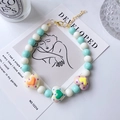 Beaded pet necklace with mint green and white pearls and hand-painted heart charms - Size XS (15-20cm) / Green and White