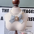 Sweet pet pearl necklace with green gingham bow and vintage gold-rimmed charm - Green Plaid Bow