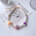 Beaded pet pearl necklace with colorful hand-painted heart charms and lobster clasp - Size XS (15-20cm) / Creamy Pink Artificial Pearl