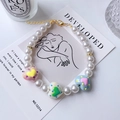 Hand-painted heart bead and pearl pet necklace with golden clasp and extender chain - Size XS (15-20cm) / Creamy Blue Artificial Pearl