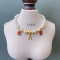 Chinese style pearl pet necklace with golden bamboo and lucky enamel charms - Pink Stripes Bow