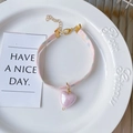 Pink heart pendant pet collar with floral print ribbon and adjustable gold chain - XS (15-20cm) / Pink