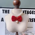 Sweet pet pearl necklace with large red velvet bow and golden heart charm pendant - Red Bow