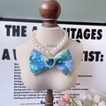 Elegant pearl pet necklace featuring a sparkling blue sequin bow and heart gemstone - Blue Sequin Bow