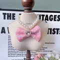 Pink sequin bow pet necklace with pearl beads and heart gemstone pendant detail - Pink Sequin Bow