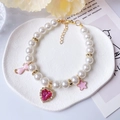 Pink heart crystal and pearl pet necklace with cute cat and star pendants for cats - XS / Rose Red Heart