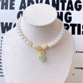 Collana di perle per animali con perla dorata Fu e ciondolo in giada verde per gatti e cani - Stile Sacco della Fortuna in Giada Cinese / XS