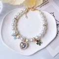 Pet pearl necklace with light blue butterfly and heart gem pendant in gold finish - XS / Iridescent Heart