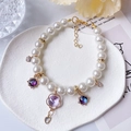 Cat pearl necklace with purple heart crystal and gold adjustable chain for pets - XS / Purple Flower