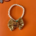 Halloween pet pearl necklace with large gold sequin bow and glitter pumpkin charm - Gold Bow Tie Necklace