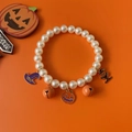 Halloween pet pearl necklace with pumpkin, witch hat charms and orange bells - XS / Pumpkin