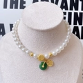 Chinese style pet pearl necklace with gold Fu pendants and green jade donut charm - Fu Plate Emerald Green Peace Buckle
