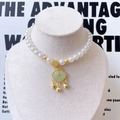 Chinese style pearl pet necklace with golden Ruyi lock pendant and small bells - Chinese Jade Green Longevity Lock