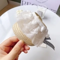 Mini sombrero de paja para mascotas con encaje blanco, pompones y lazo de cuadros - L / Encaje de Pompones