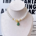 Chinese style pet pearl necklace with gold Fu pendant and green gourd charm - Chinese Chalcedony Crystal Green