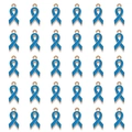 Detailed grid of 30 blue enamel ribbon charms with rose gold metal edges for DIY jewelry - Sky Blue