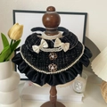 Elegante collar de tweed blanco y negro para mascotas con perlas y lazos camelia - Talla S (20-25cm) / Cuello de Tweed Negro