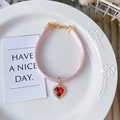 Pink ribbon pet collar with a sparkling red heart pendant and gold metal clasp - Rhinestone Heart Pink