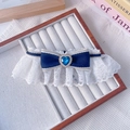 Collare per animali in denim blu con pizzo, fiocco e gemma blu a forma di cuore decorata - XS / Sciarpa con Gemma a Cuore Blu