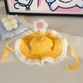 Hand-crocheted pet flower collar in soft yellow with white wavy edges and ties - M / Yellow Hat