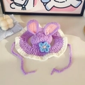Handmade purple crochet pet hat with cute rabbit ears and flower for cats and small dogs - S / Purple Hat