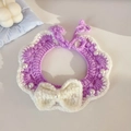 Handmade crochet pet collar in purple and white with a bow and pearl accents - S / Purple Scarf