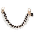 Detail of dual-strand pearl and black leather metal chain with camellia pendant - 26cm / Black