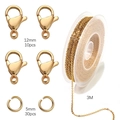 Golden stainless steel jewelry DIY set with lobster clasps, jump rings and 3m chain roll - 3m Chain with 10 Lobster Clasps and 30 Jump Rings / Gold (2mm Flat Cross Chain)
