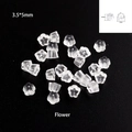 Macro detail of 3.5x5mm flower shaped silicone earring backings with dimensions - Plum Blossom