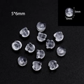 Detailed macro view of 5x6mm clear silicone plum blossom earring backs with dimensions - Cap Style Large