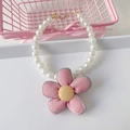 Close-up of pearl pet necklace with pink fabric flower pendant and gold lobster clasp - XS / Single Layer Necklace / Pink