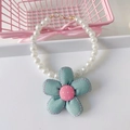 Detailed view of handmade fabric flower charm on double-layer pearl pet necklace - XS / Single Layer Necklace / Green