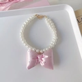 Pink satin bow pet necklace with faux pearls and heart gemstone for cats and dogs - XS Size (0.5-1.5kg) / Light Pink