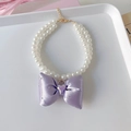 Double-layer pearl pet necklace with a light purple satin bow and heart crystal - XS Size (0.5-1.5kg) / Light Purple