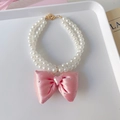 Pink ribbon bow cat collar with double-layer imitation pearls and heart pendant - XS Size (0.5-1.5kg) / Pink