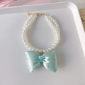 Double-strand pearl pet necklace with a light blue bow and heart-shaped crystal - XS Size (0.5-1.5kg) / Light Green