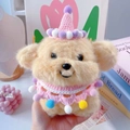 Close-up of cute plush bear doll wearing pink knitted pointed hat and colorful scarf - One Size / Pink Pompom Hat And Scarf