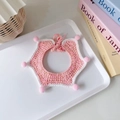 Detailed view of hand-knitted pink and white star-shaped pet collar with small pom-poms - S 2-8lb / Pink