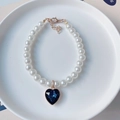Collier élégant pour animaux avec perles blanches et pendentif cristal en cœur bleu - Taille XS (0,5-1,5 kg) / Bleu foncé