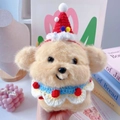 Detail of plush puppy toy with a red knitted Christmas hat and handmade lace collar - One Size / Red Hat And Snow White Bib