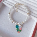 Elegant pet pearl necklace with a blue heart pendant and white rose detail - XS Size (0.5-1.5kg) / Colorful Heart