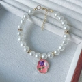 Elegant white pearl pet collar with golden accents and pink tulip flower pendant - XS Size (0.5-1.5kg) / Pink Flower