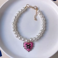 Vintage pearl pet necklace with pink heart pendant and golden adjustable clasp - Pink Heart Pearl Necklace